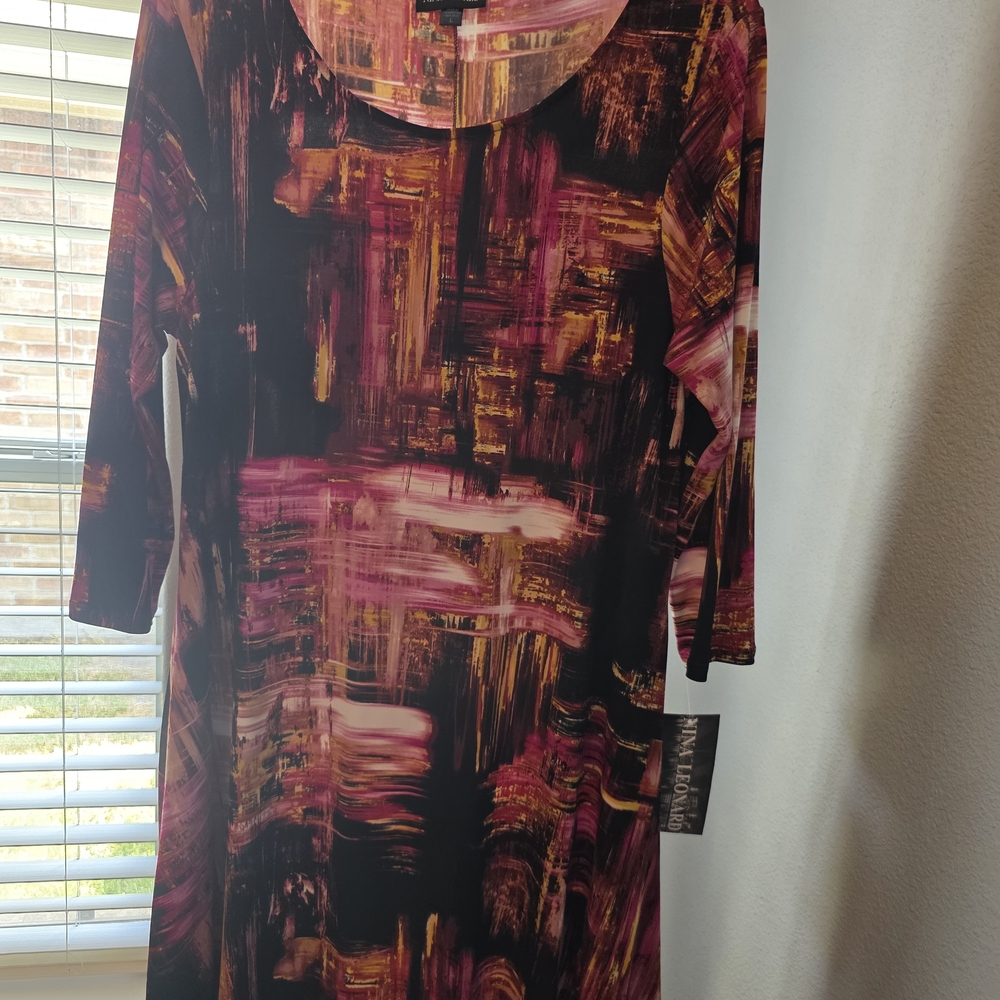 NWT Nina Leonard Artistic Brushstroke Midi Dress - Black and Pink